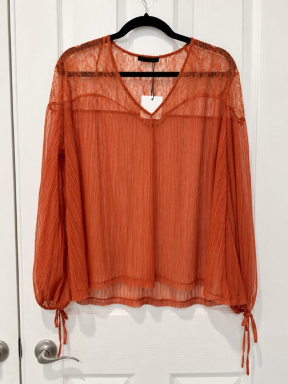 NWT Zara Rust Orange Sheer Lace Pleated Blouse Women’s M Boho Romantic